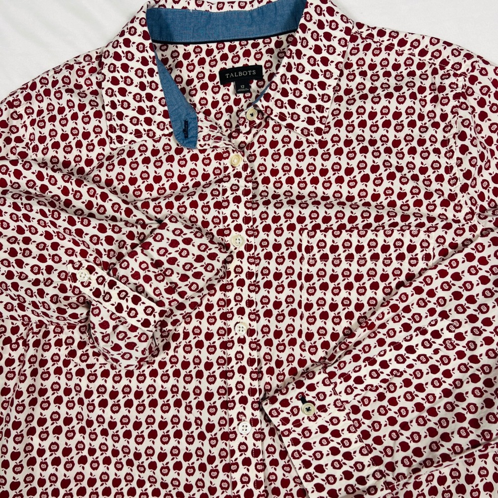 Talbots Womens Red Apple Print Cotton Button Down Shirt Size 12 Long Sleeve